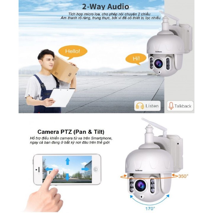 CAMERA Wifi NGOÀI TRỜI SRIHOME SH028 3.0MPX 1296P , Zoom 5X, Đàm thoại 2 chiều ,cảnh báo chuyển động