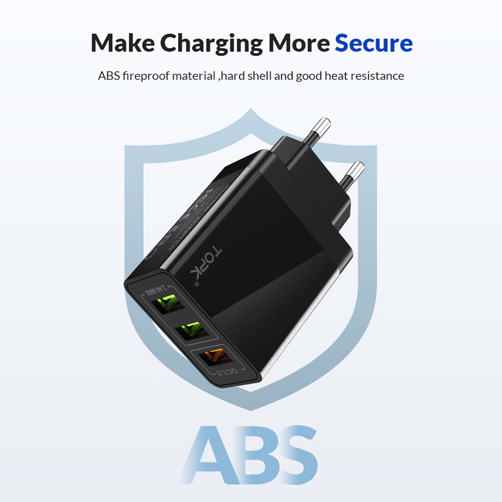 TOPK Củ Sạc Nhanh QC3.0 3 Cổng USB 30W Phích Cắm EU BMM1