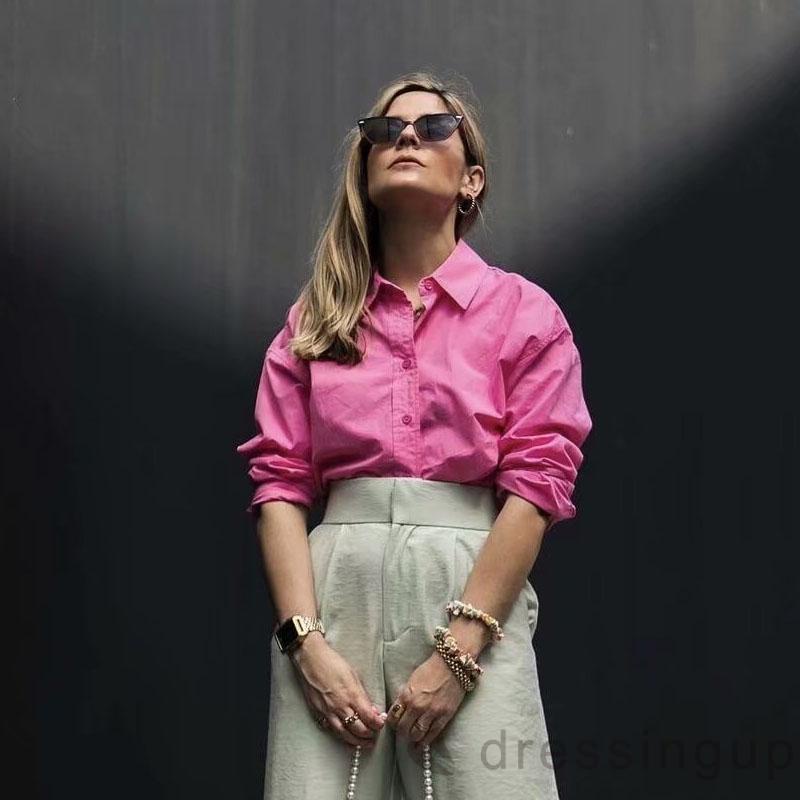 DRE-Women´s Long Sleeve Shirt, Solid Color Turn-Down Collar Button-Down Loose Fit Shirt