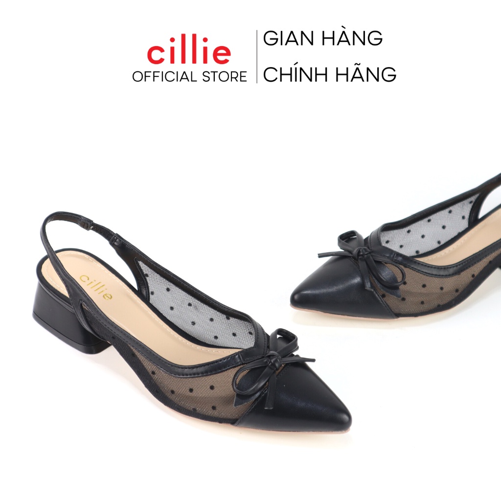 Giày sandal nữ mũi nhọn thanh lịch phối lưới chấm bị độc đáo mới lạ gót cao 4cm đi chơi dao phố Cillie 1044