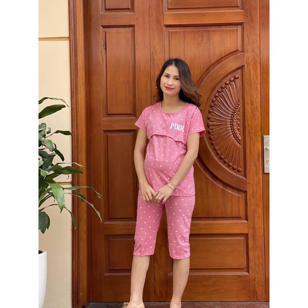 Đồ bộ bầu lửng pink lật ti , chất cotton mềm mại thấm hút mồ hôi cho mẹ bầu mặc nhà và sau sinh