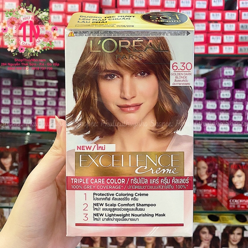 Thuốc nhuộm tóc,kem nhuộm tóc dưỡng tóc phủ bạc LOREAL Paris Excellence Crème số 6.30 Golden Dark: Nâu Ánh Vàng