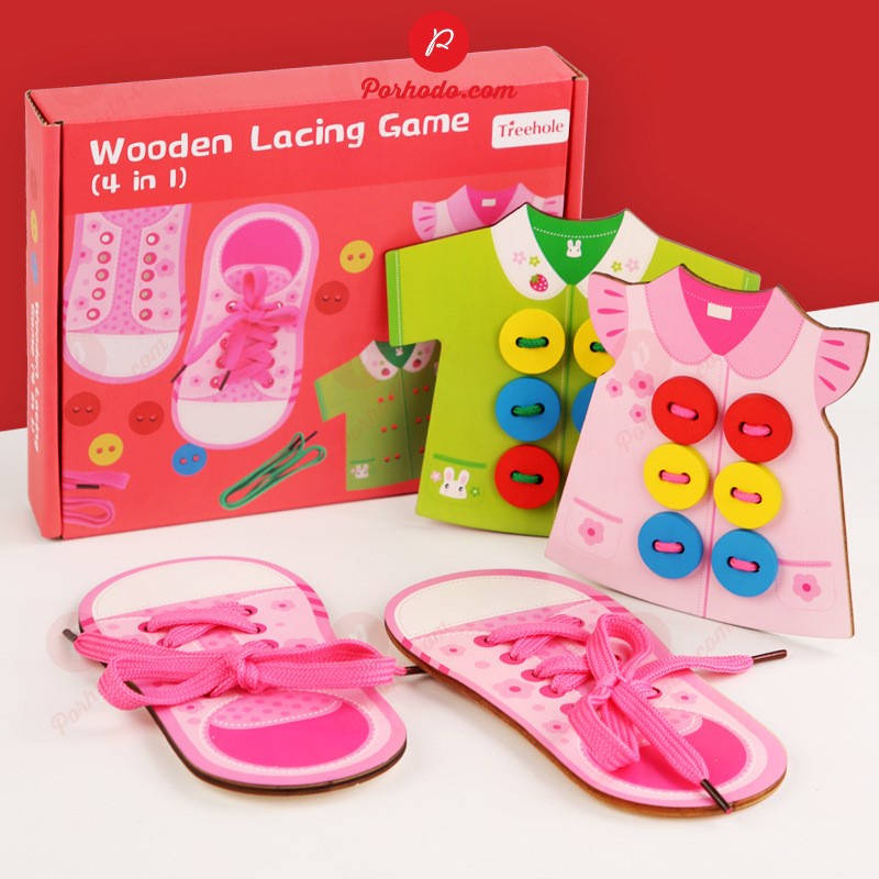 Đồ chơi tập buộc dây giày + xâu cúc áo chuẩn montessori KB216089, Đồ chơi thông minh giáo dục
