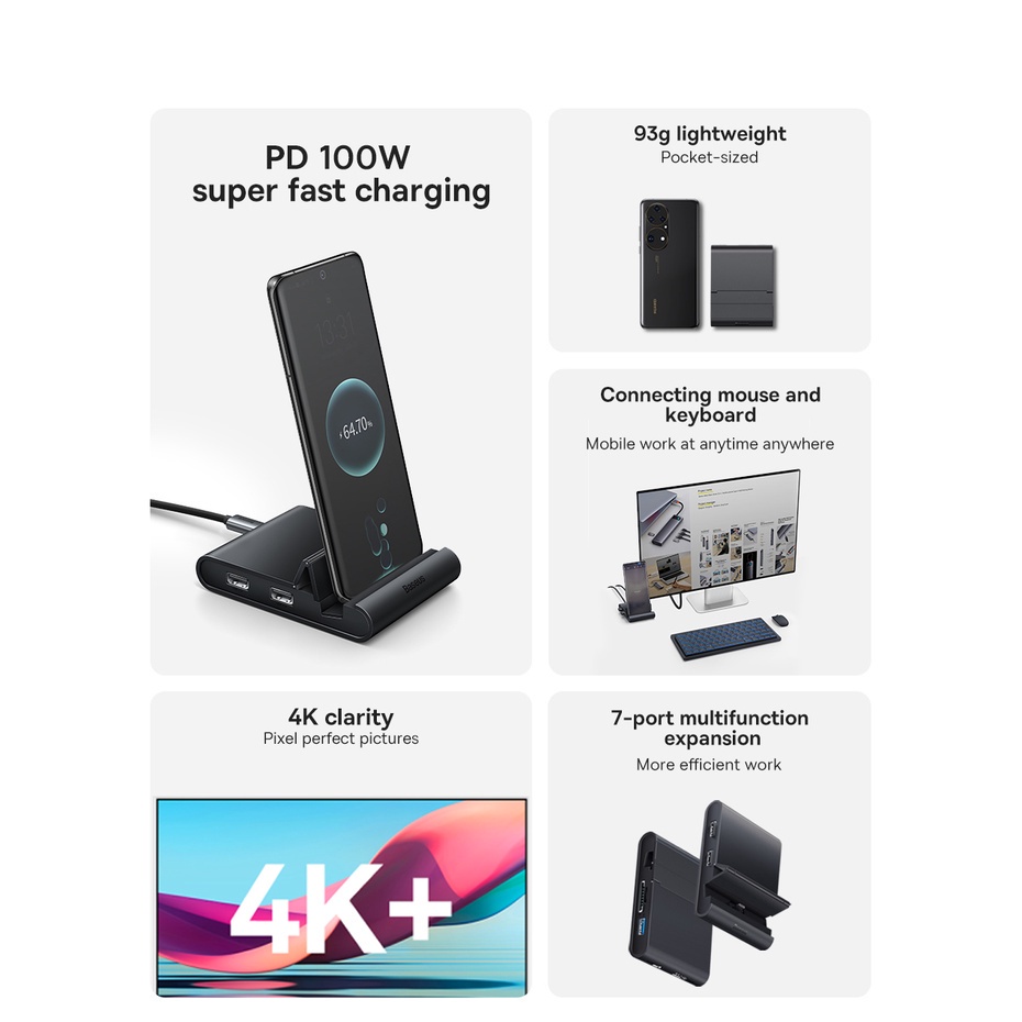 Trạm Sạc Nhanh Baseus Chuyển Đổi USB c Hub Sang HDMI 4K USB 3.0 PD 100W Cho Điện Thoại Thông Minh Dex