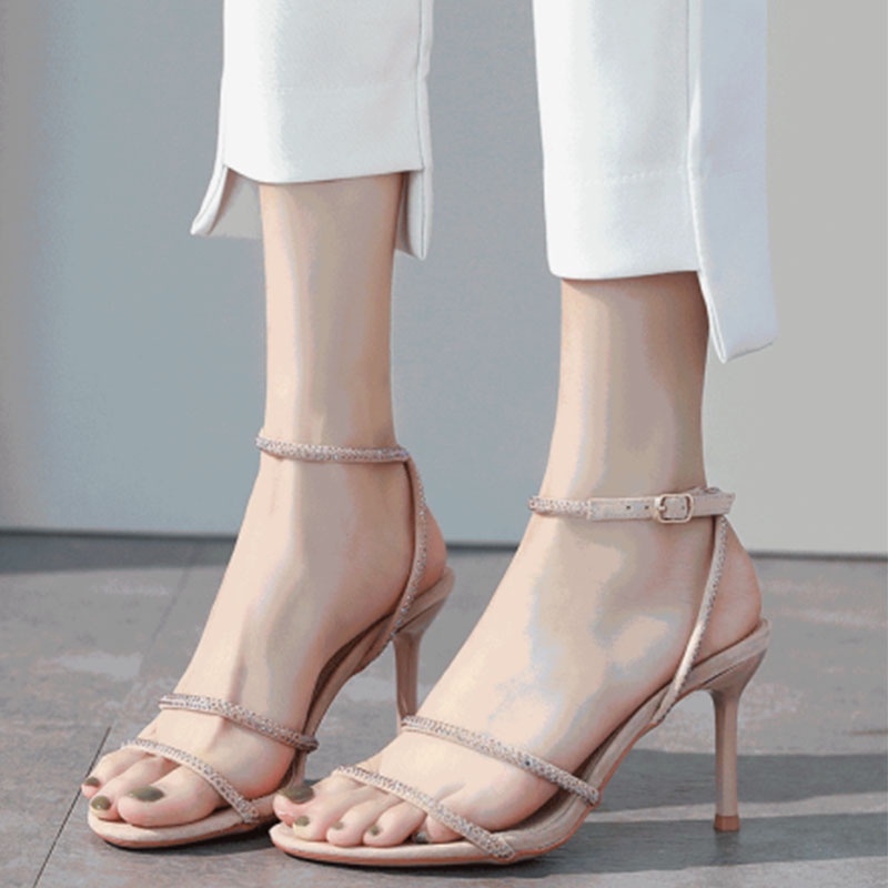 Giày Sandal Cao Gót Nữ Hở Ngón Đính Đá Thời Trang