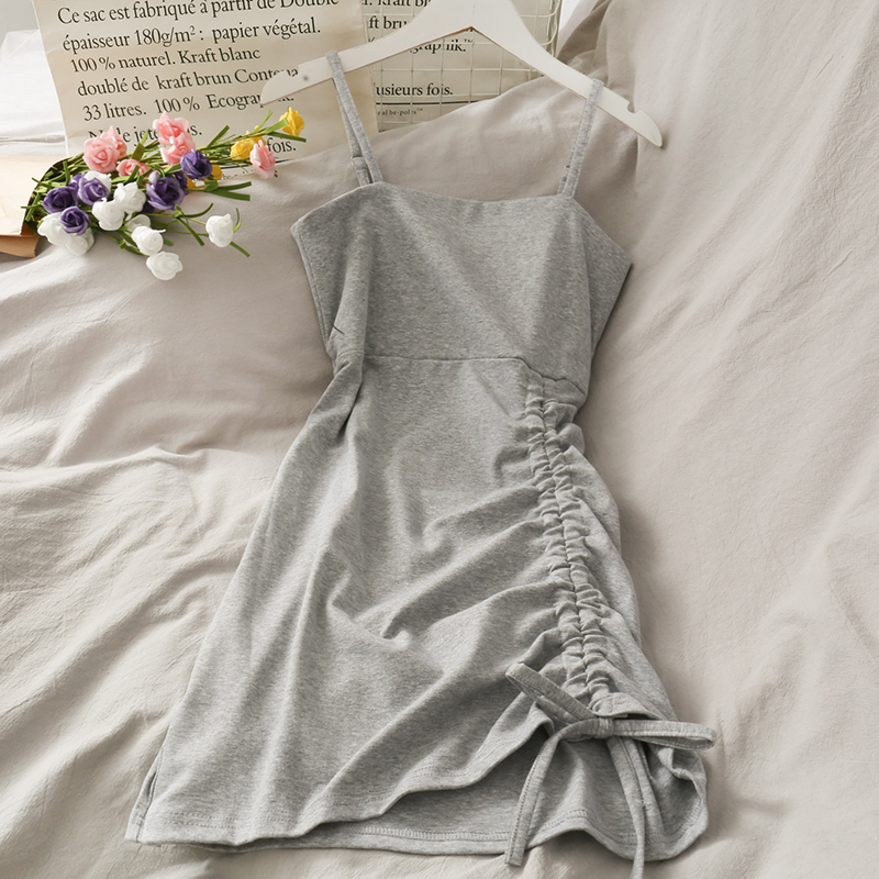 IELGYĐầm Ngắn Hai Dây Rút Dây Màu Đen Trơn Phong Cách Đơn Giản Dành Cho Nữ