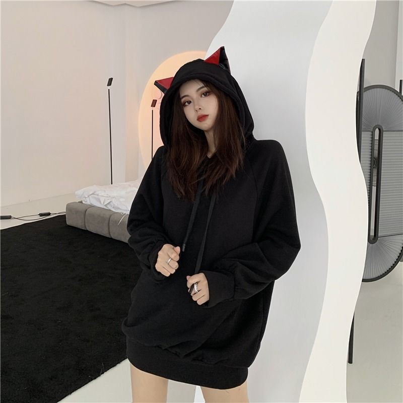 Áo Hoodie Nhung Dày Dặn Đính Tai Mèo Dễ Thương Xinh Xắn Cho Nữ