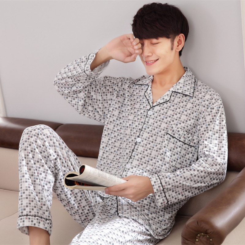 Bộ đồ ngủ cotton dệt kim tay dài phong cách mới dành cho nam trung niên