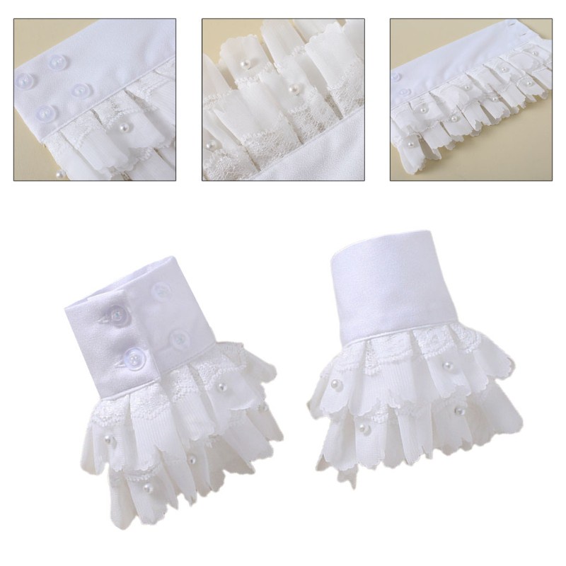 AUTU  Korean Ladies Double Layer Detachable Cuffs Chiffon Pleated Ruffles Lace Imitation Pearl Beading Fake Sleeves Sweater Decorative Wristband Clothing