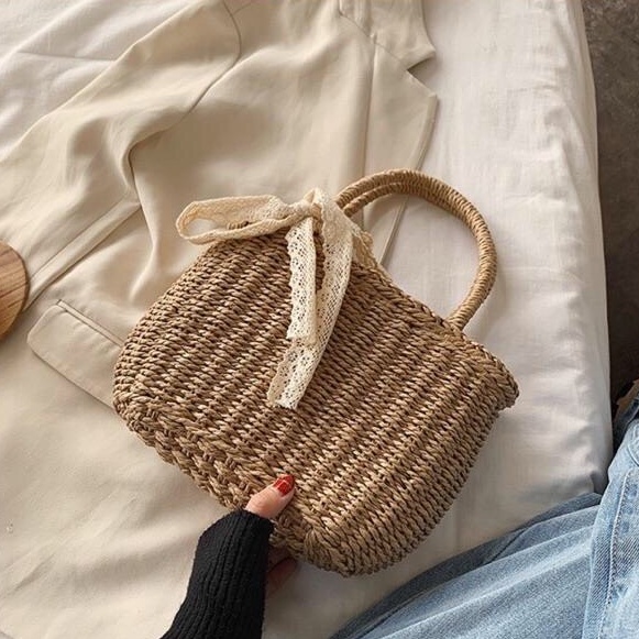 Túi cói cầm tay đi biển đáy bầu - phong cách vintage