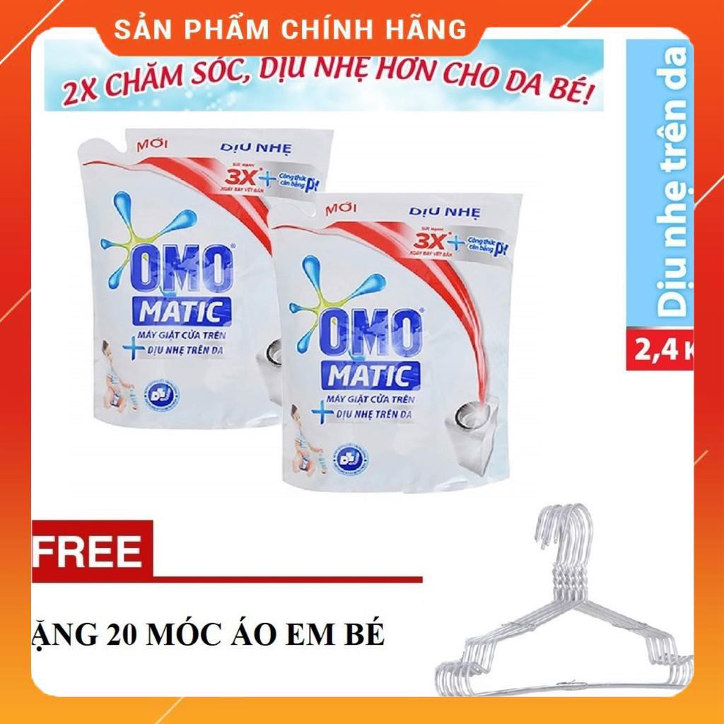 Bộ 2 Nước giặt Omo Dịu nhé cho da em bé TRẮNG 2,4kg túi TẶNG 20 móc áo em bé