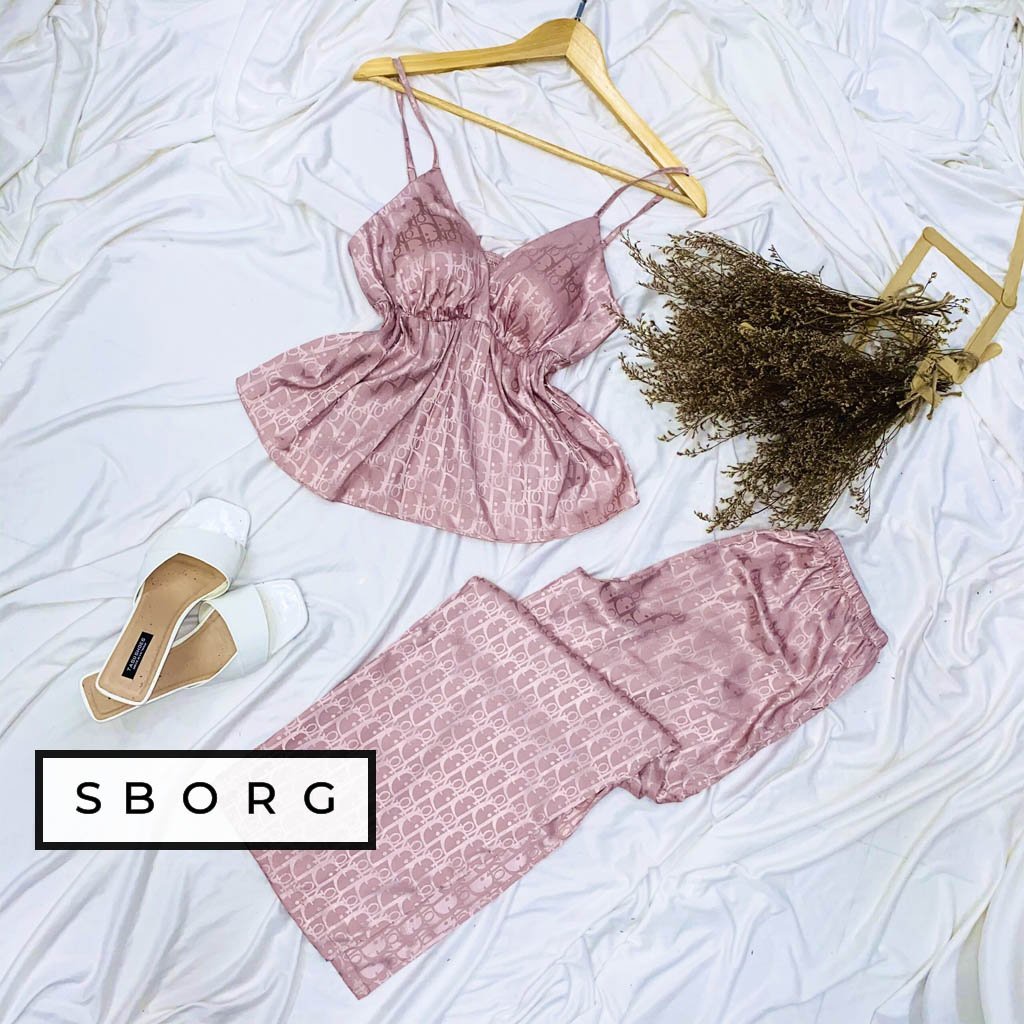 Bộ 2 dây mặc nhà SBORG bộ ngủ lụa áo 2 dây sexy dễ thương viền ren phối quần dài ống rộng thoải mái freesize dưới 60kg