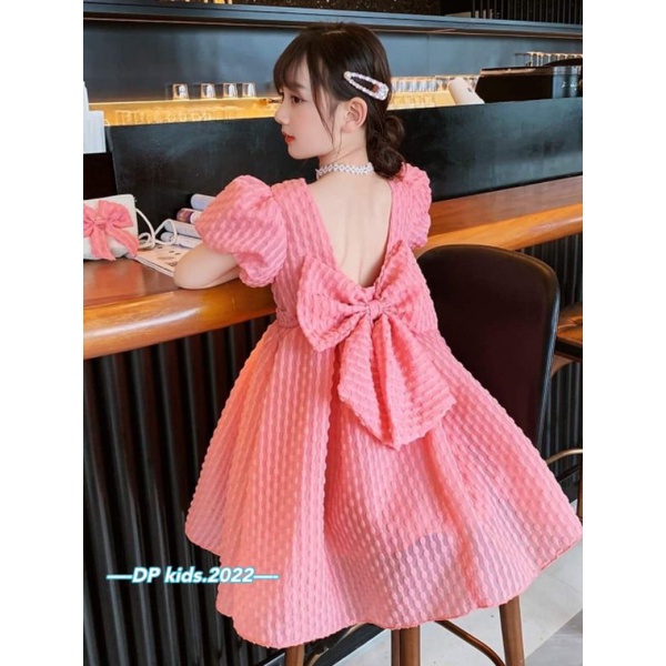 Váy đầm nơ lưng màu hồng bé gái kèm túi cói đính nơ (8-22kg) chất xốp xịn 2 lớp siêu xinh