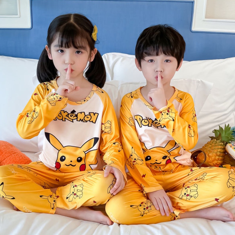 Bộ đồ ngủ tay dài cổ tròn thoáng khí in họa tiết hoạt hình cho bé trai và bé gái