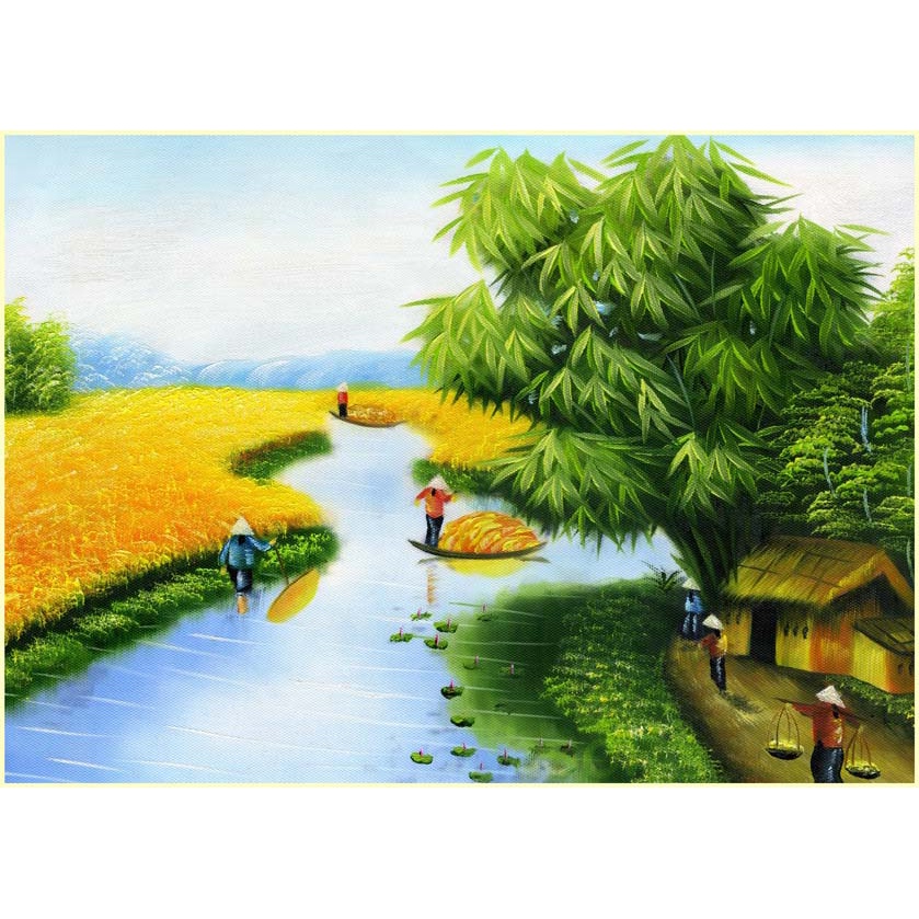 Tranh Dán Tường 3D Đồng Quê Cầu Tre Xuối Nước Xanh Biếc kích thước không giới hạn