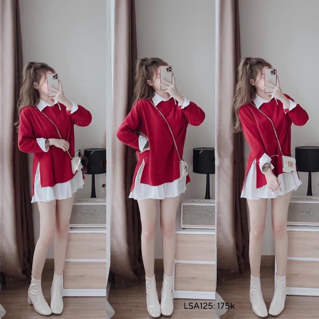 TT 07 - nguyên bộ đầm sơ mi trắng phối kèm áo len gân đỏ hoặc đen, cực chất | WebRaoVat - webraovat.net.vn