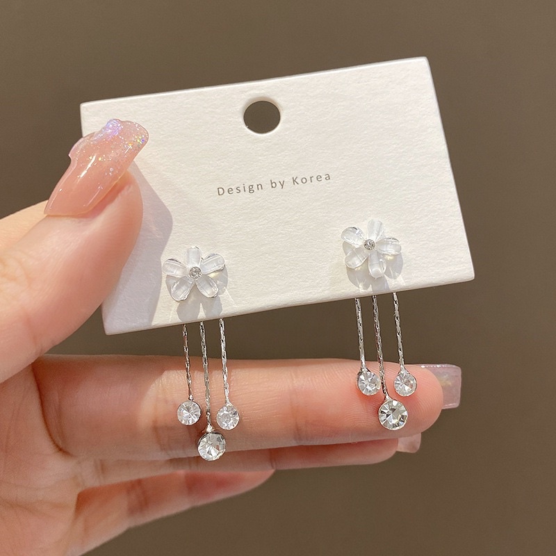 E115 Khuyên Tai Bông Tai Nữ Hoa Thả Ba Ngọc