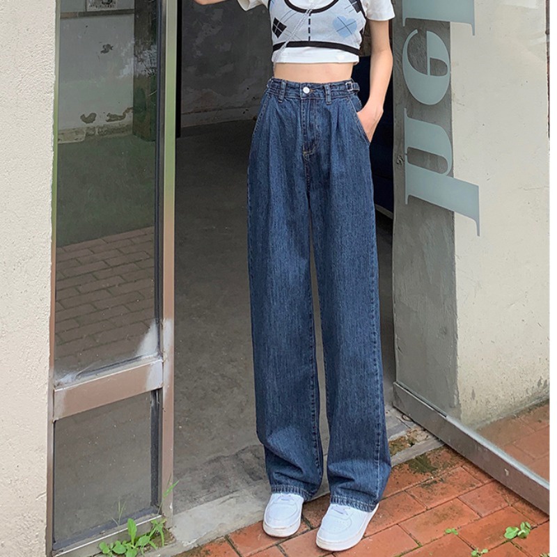 SUXI Quần Jeans Dài Ống Rộng Lưng Cao Phong Cách Retro Dành Cho Nữ