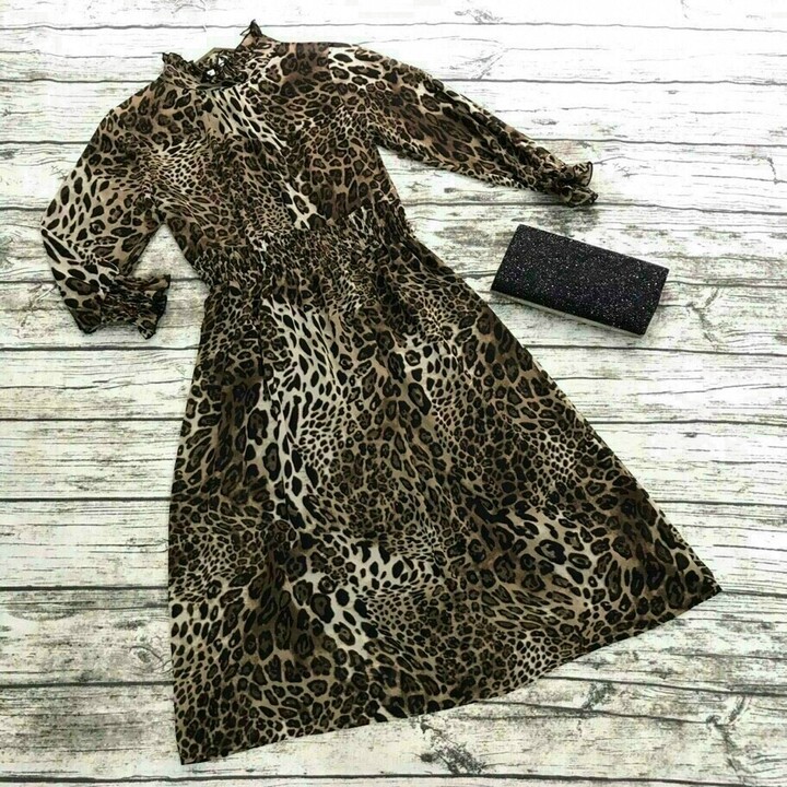 Váy đầm nữ dài tay họa tiết da beo thiết kế xòe xếp ly nhẹ sang chảnh | BigBuy360 - bigbuy360.vn