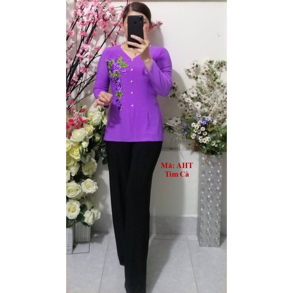 Bộ BB (Áo Bà Ba Hoa Tím + Quần Đen Rộng) | BigBuy360 - bigbuy360.vn