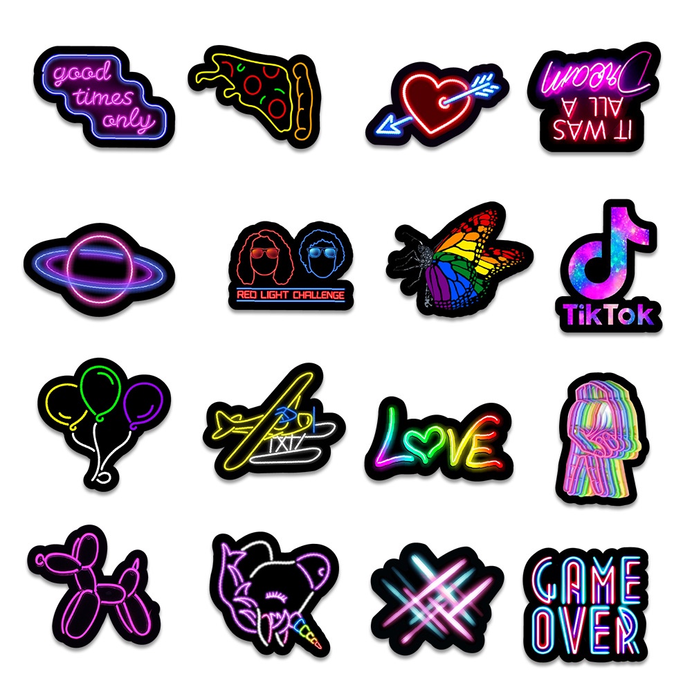 50 Sticker chống nước MÀU NEON NEW miếng dán graffiti dán mũ bảo hiểm, laptop cốc nước ván trượt