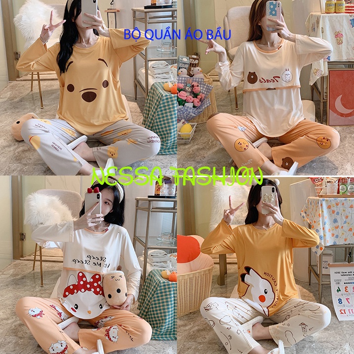 Quần Áo Bộ Đồ Bầu Nữ Mặc Ở Nhà Vải Co Giãn 4 Chiều Cho Con Bú Ti Ngủ Mom Dài Tay Sau Sinh Pijama Xuân Thu Đông BOBAU01 -