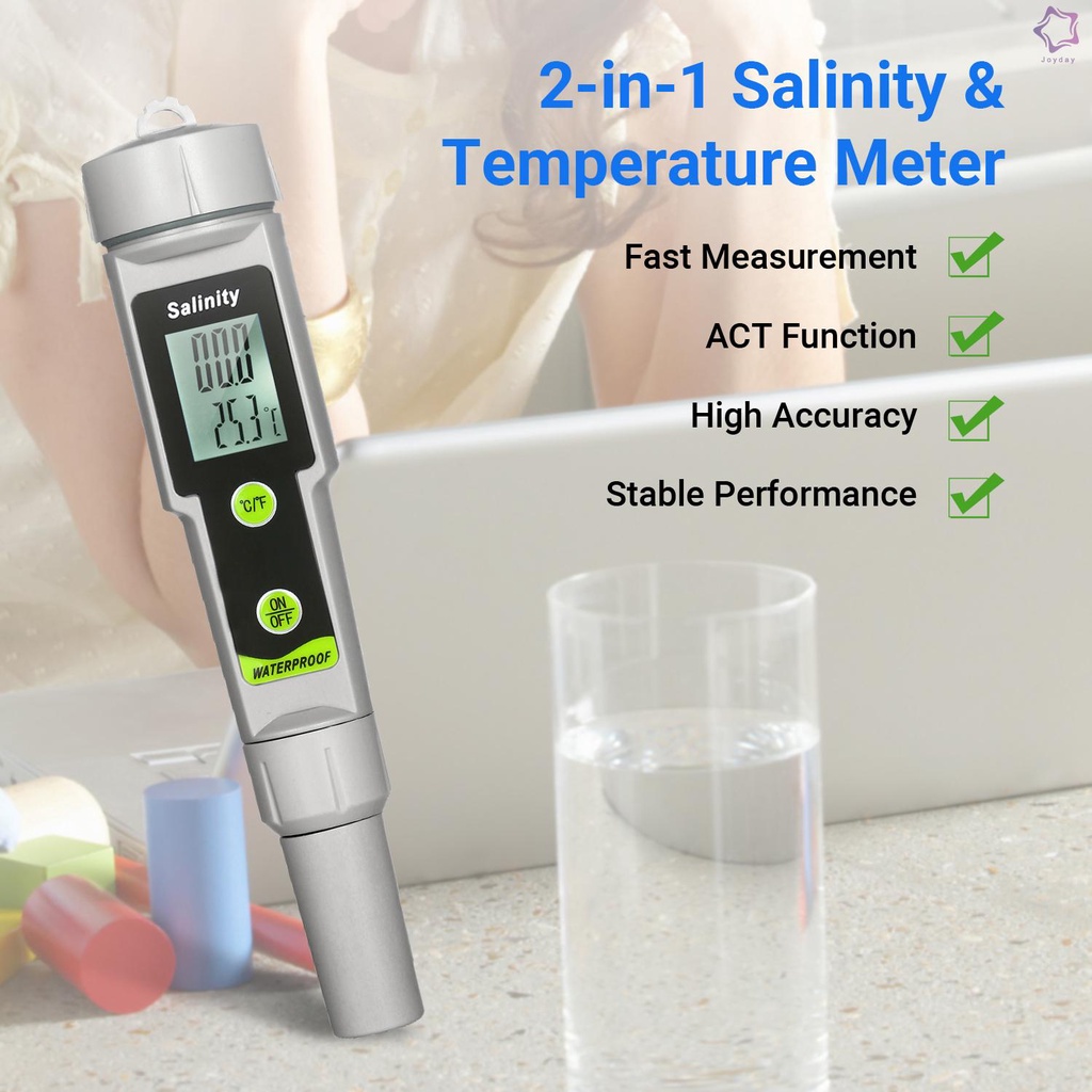 Salinometer Waterproof Salinity Test Pen 2-in-1 Salinity & Temperature Meter Portable Salinity Meter Salimeter Pen Type Salinograph 0~199.9ppt Range -50~70℃ Temperature Meter ℃/℉ Conversion Beverages Drink Salt Value and Temperature Measure Gauge