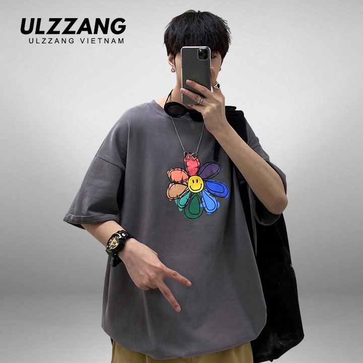 Áo thun tay lỡ ULZZANG cotton dáng unisex in hình hoa cúc mặt cười