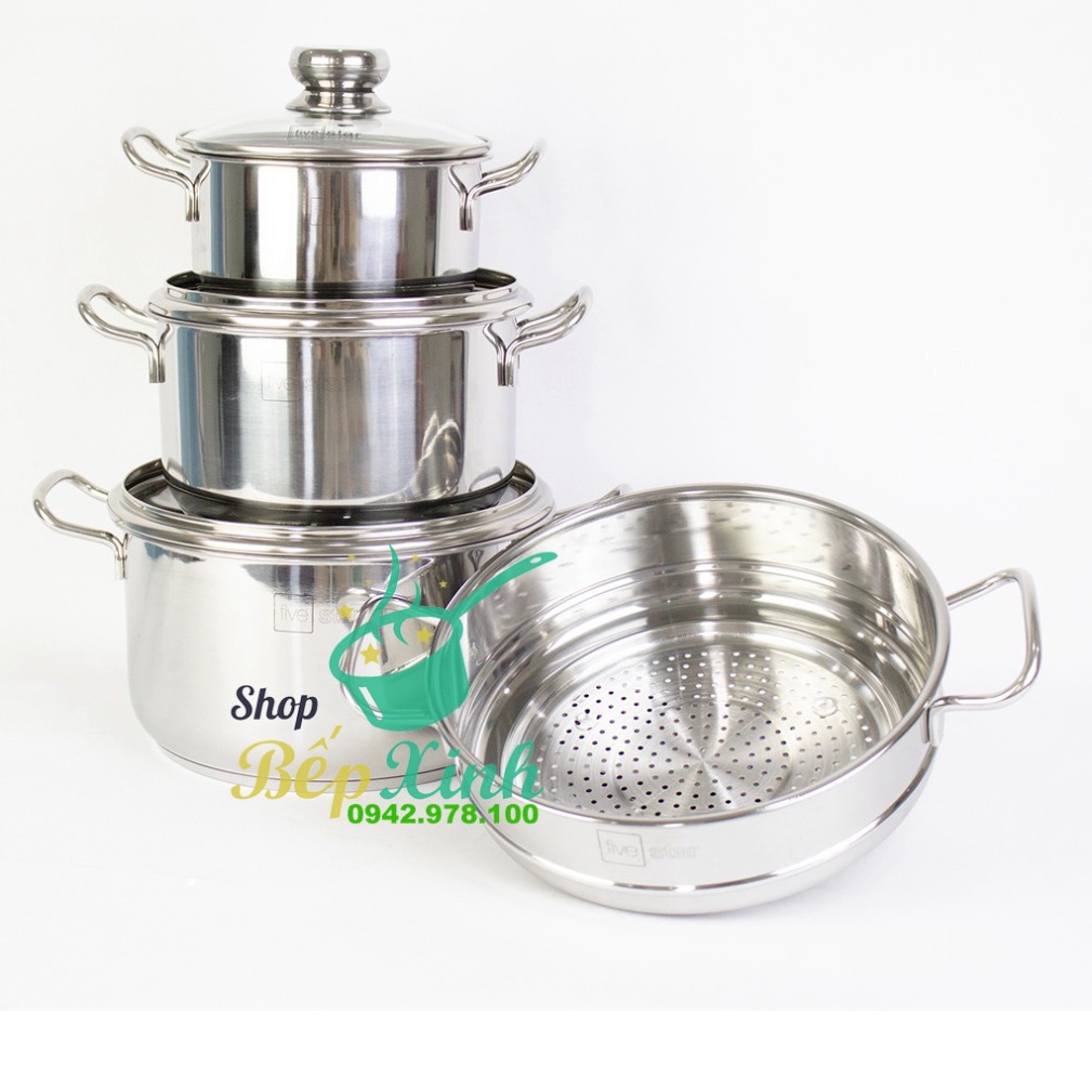 Bộ nồi xửng hấp inox 430 cao cấp Fivestar Standard 4 món nắp kính tặng 2 muỗng canh