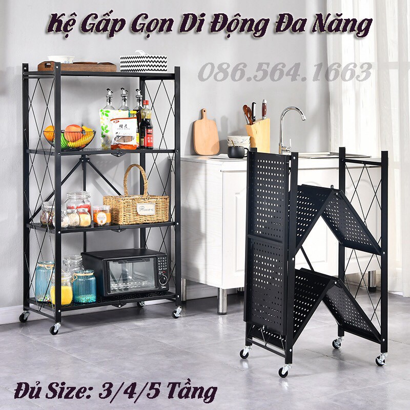 Kệ Gấp Gọn Di Động Đa Năng - Kệ Để Đồ Nhà Bếp Cao Cấp Có Bánh Xe Di Chuyển Dễ Dàng 3/4/5 Tầng Tải Trọng 300kg