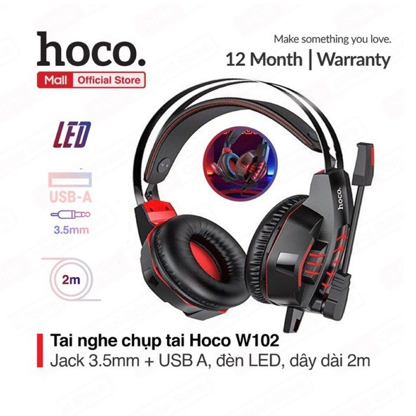 Tai nghe chụp tai Hoco W102 mic đàm thoại, tích hợp 2 cổng cắm 3.5mm+USB-A, có đèn LED, đệm chống tiếng ồn, dây dài 2m