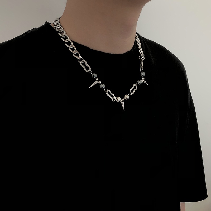 Vòng cổ Thép Titan Đính Hạt Tròn Đen Phong Cách punk