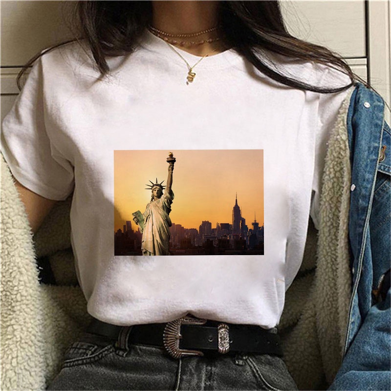 Women Funny Vintage Vogue Printed TShirt Summer Statue of Liberty T-shirt Women White O-Neck T-Shirt Femme Streetwear