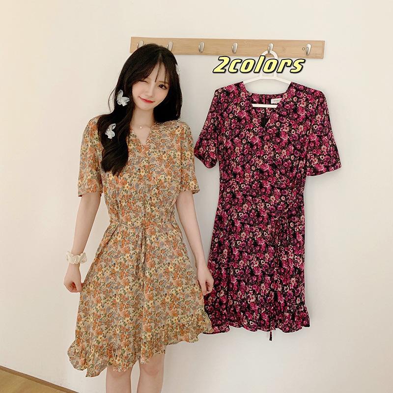 Đầm Hoa Tay Ngắn Cổ Chữ V Phong Cách Vintage  #QC78 #QC79