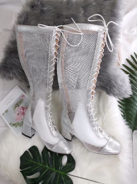 Bốt lưới đùi gót 7cm  sẵn be đen da lộn dưới gối