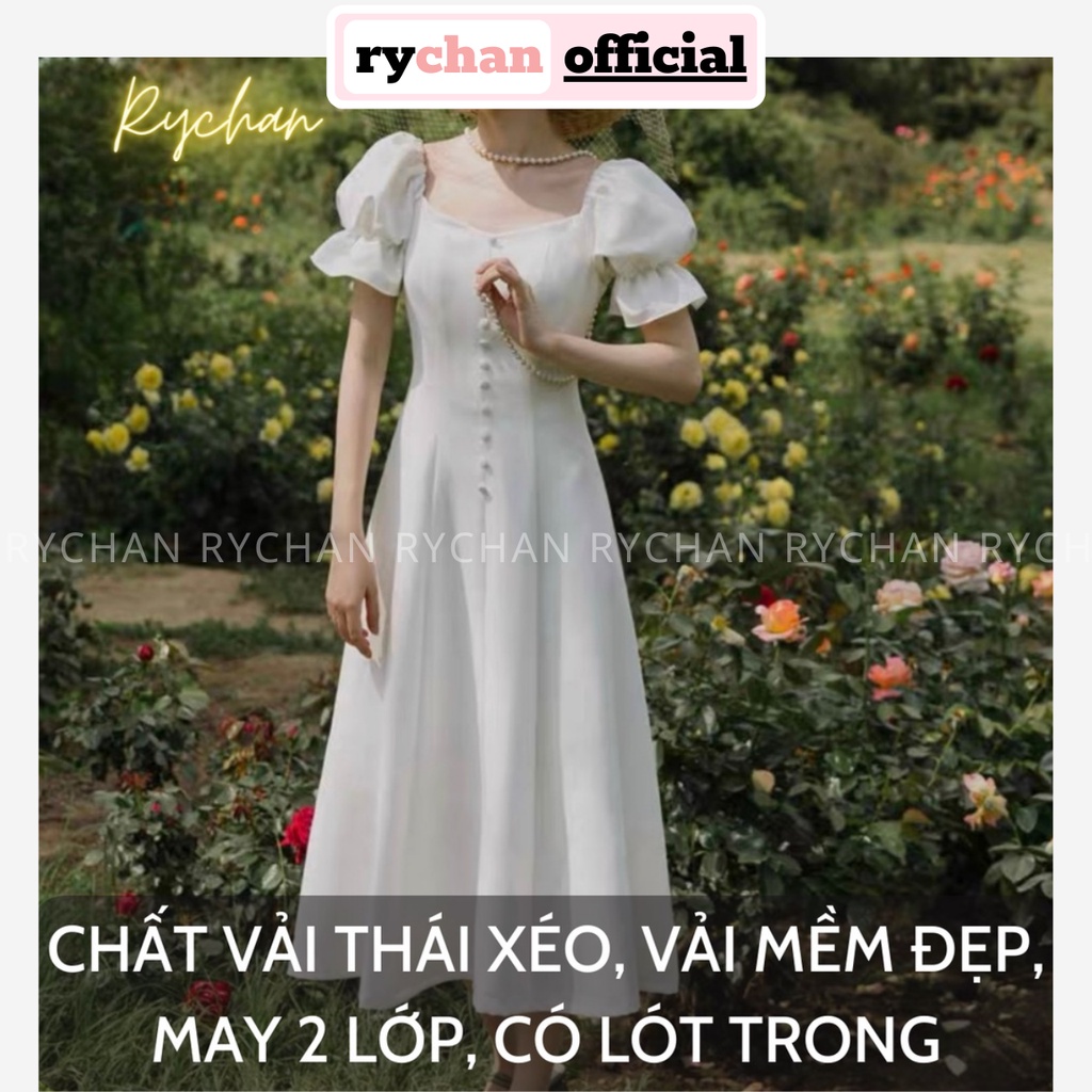 Đầm Trắng Xòe Midi Dáng Dài Cổ Vuông Nút Bọc (Hàng 2 Lớp), Đầm Trắng Dự Tiệc, Đầm Đi Đám Cưới - DX0141