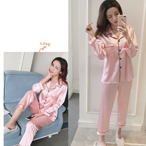 Bộ mặc nhà pizama dài tay chất phi bóng loại 1, Đồ ngủ pijama quần dài áo dài màu trơn sang trọng