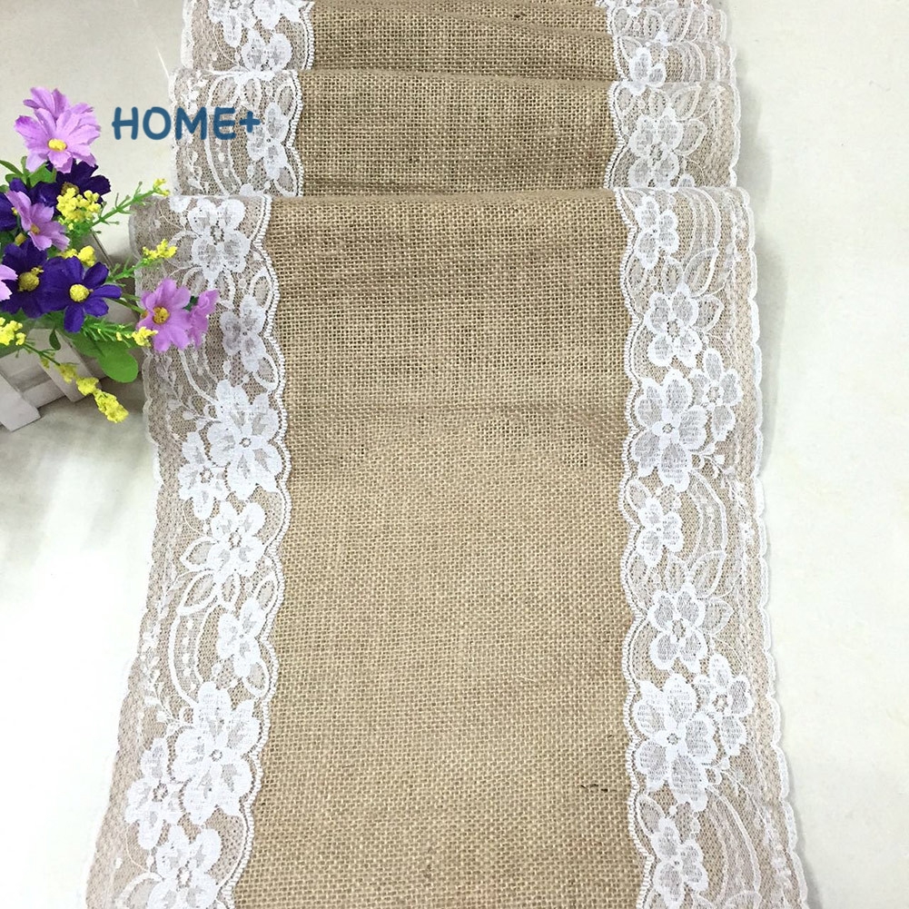 Vintage Burlap Jute Linen Table Runner Lace Cloth Dinning Room Table Gadget Home Decor Accessory @vn