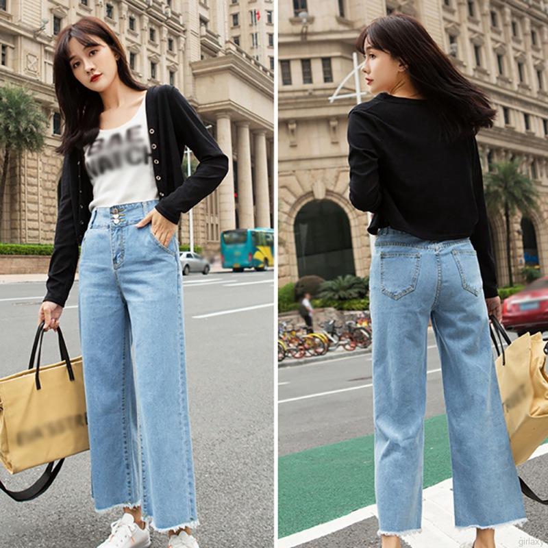 Quần jean ống suông lưng cao phong cách Retro Hàn Quốc trẻ trung