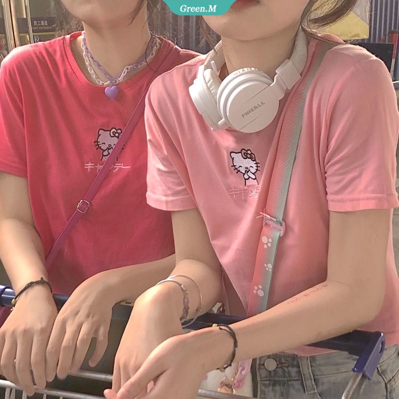 Áo Thun Tay Ngắn Chất Liệu Cotton In Họa Tiết Hello Kitty Thời Trang Mùa Hè Cho Nữ 2021