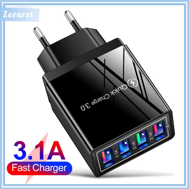 Củ Sạc Zevaret 12w 4 Cổng Usb 3a Phích Cắm Us / Eu / Uk Màu Đen Chất Lượng Cao