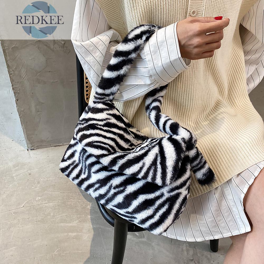 Redkee Casual Zebra Pattern Shoulder Envelope Bag Women Plush Big Capacity Satchel