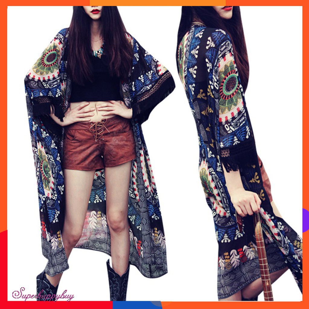 Áo khoác chiffon kiểu kimono dáng dài phong cách Bohemia cho nữ
