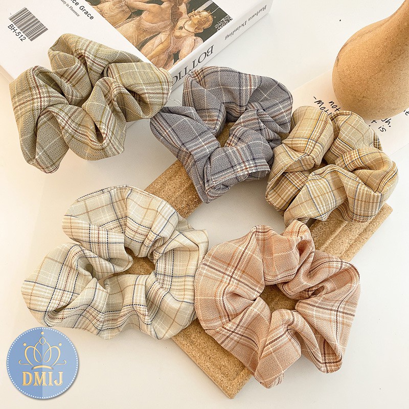 Cột Tóc Vải Scrunchies Họa Tiết Caro Vintage Hàn Quốc, Dây Buộc Tóc Scrunchies Cứng JP5