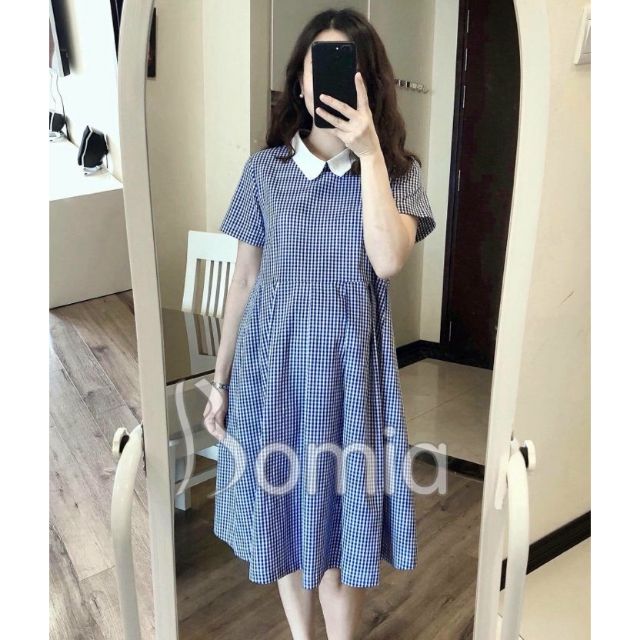 Đầm bầu caro cổ sơ mi