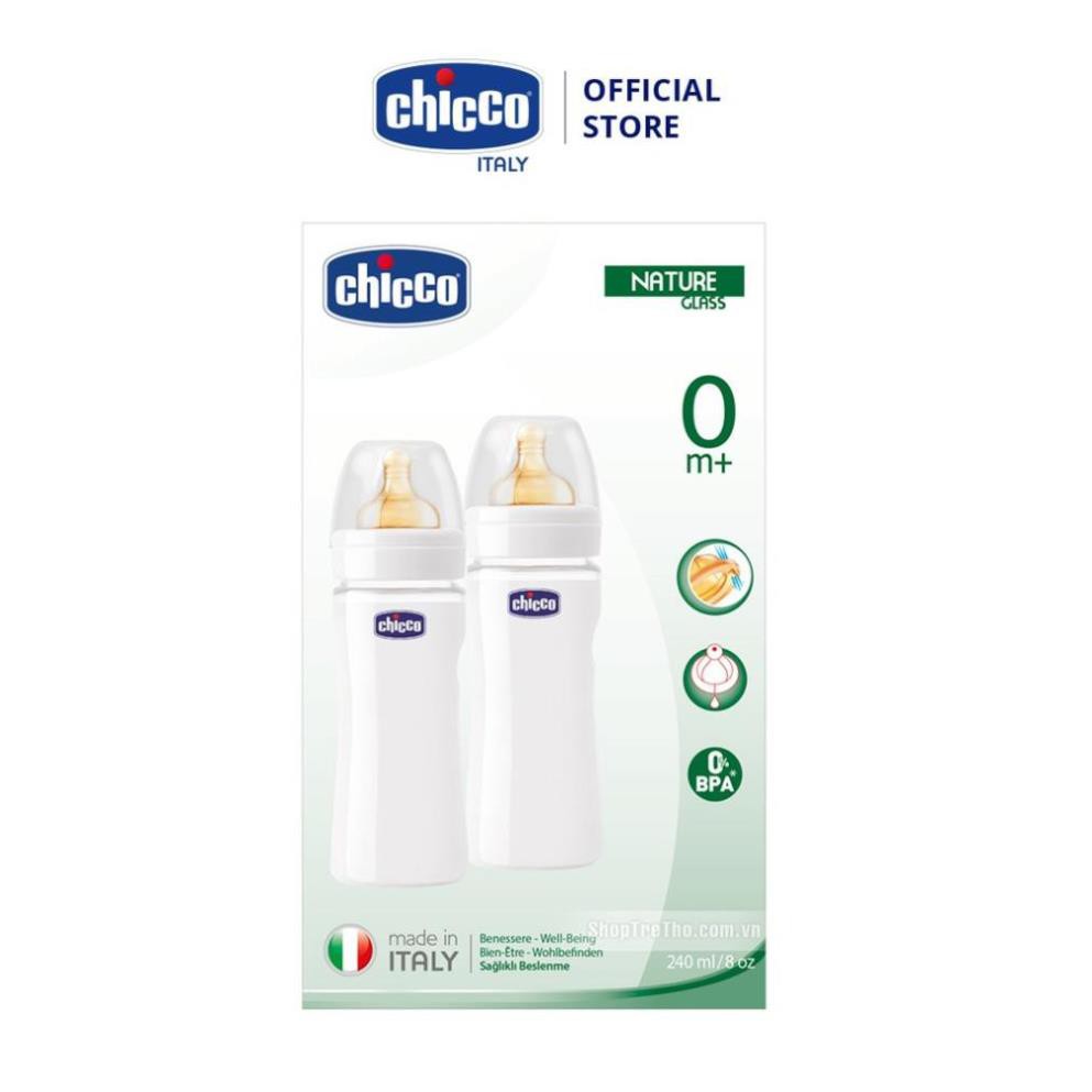 Bộ 2 bình sữa thủy tinh tự nhiên núm silicon 150ml/ 240ml Chicco