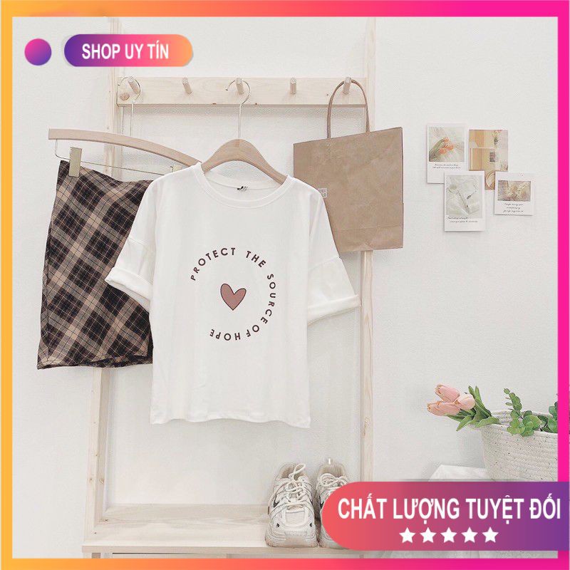 [Mã FADI5K245 giảm 5K đơn 0đ] Set Đồ Nữ 💧Combo Váy Áo💧 Bộ áo phông chữ trái tim mix chân váy A kẻ nâu siêu xinh SET03 | BigBuy360 - bigbuy360.vn