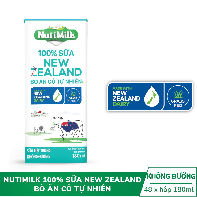 Thùng 48 hộp 100% Sữa New Zealand Nuti Bò ăn cỏ tự nhiên Không đường 180ml/hộp