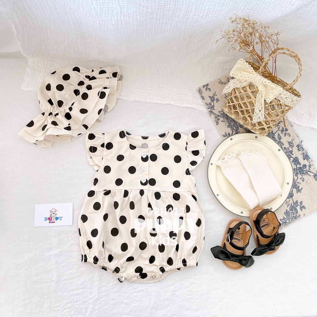 (GRH422) (5-12kg) Sét Bộ liền thân + mũ chấm bi (PUPPY KIDS) chấm bi đen