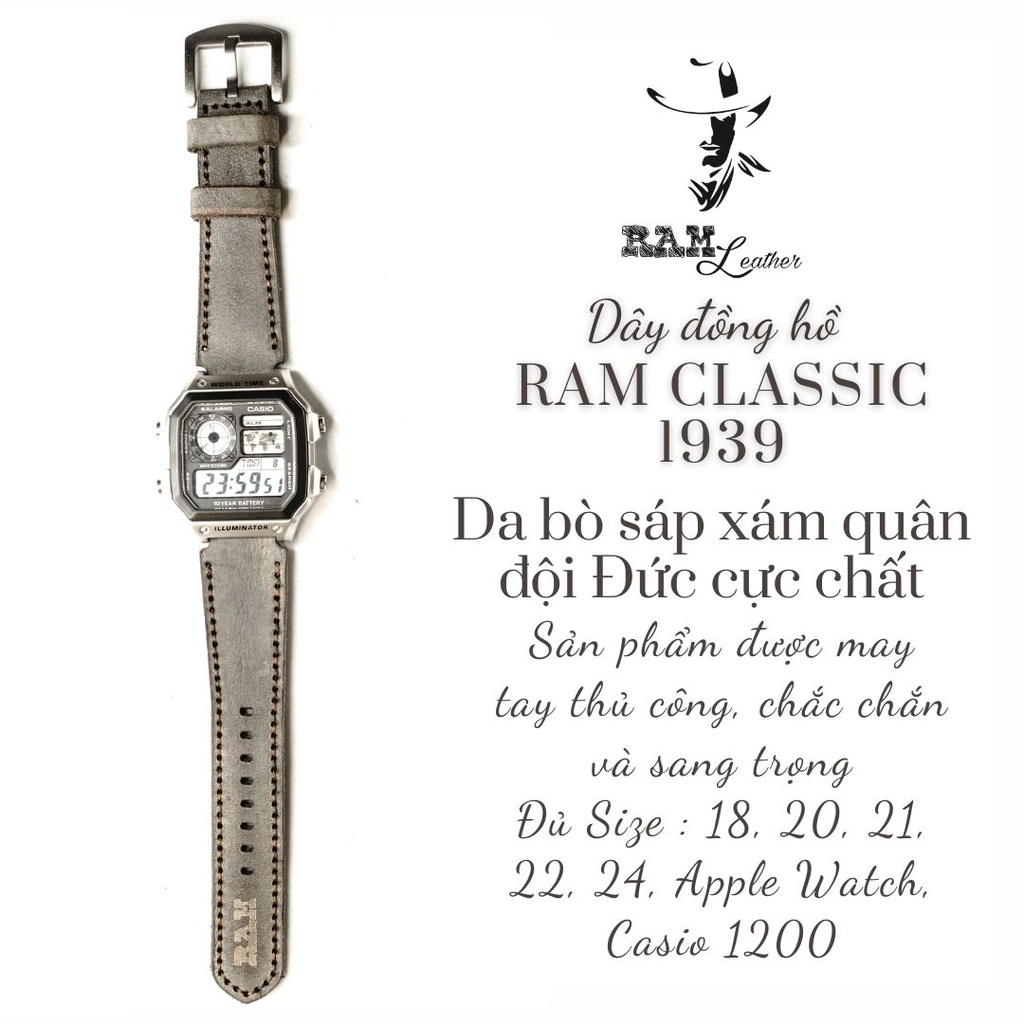 Dây đồng hồ RAM Leather 1939 cho CASIO 1200, AE 1200, 1300, 1100, A159 , A168 , Size 18 da bò xám quân đội